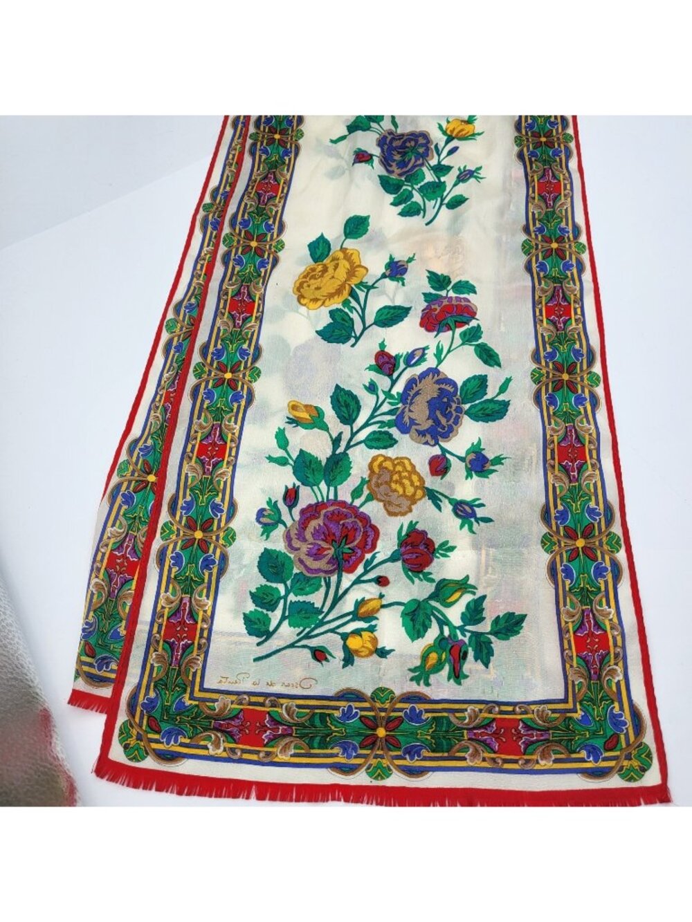 Vintage Silk Oscar De La Renta Rectangle Scarf Floral Flowers Cabbage Rose